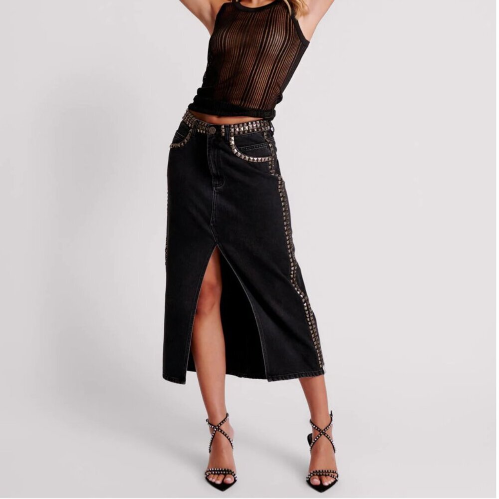 One Teaspoon Studded Denim Maxi Skirt Mid Waist Center Front Split 100% Cotton